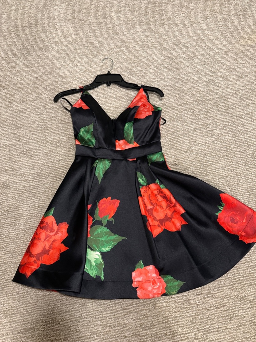 Black Satin A-Line Dress with Red Rose Print